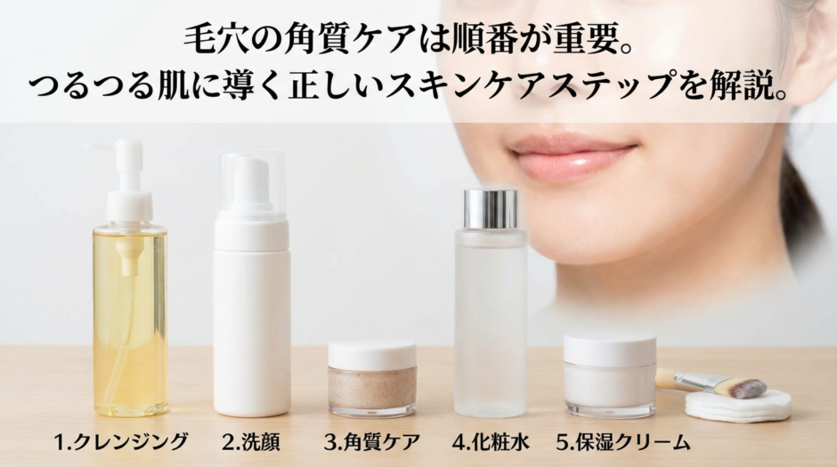 毛穴の角質ケアは順番が重要。つるつる肌に導く正しいスキンケアステップを解説。